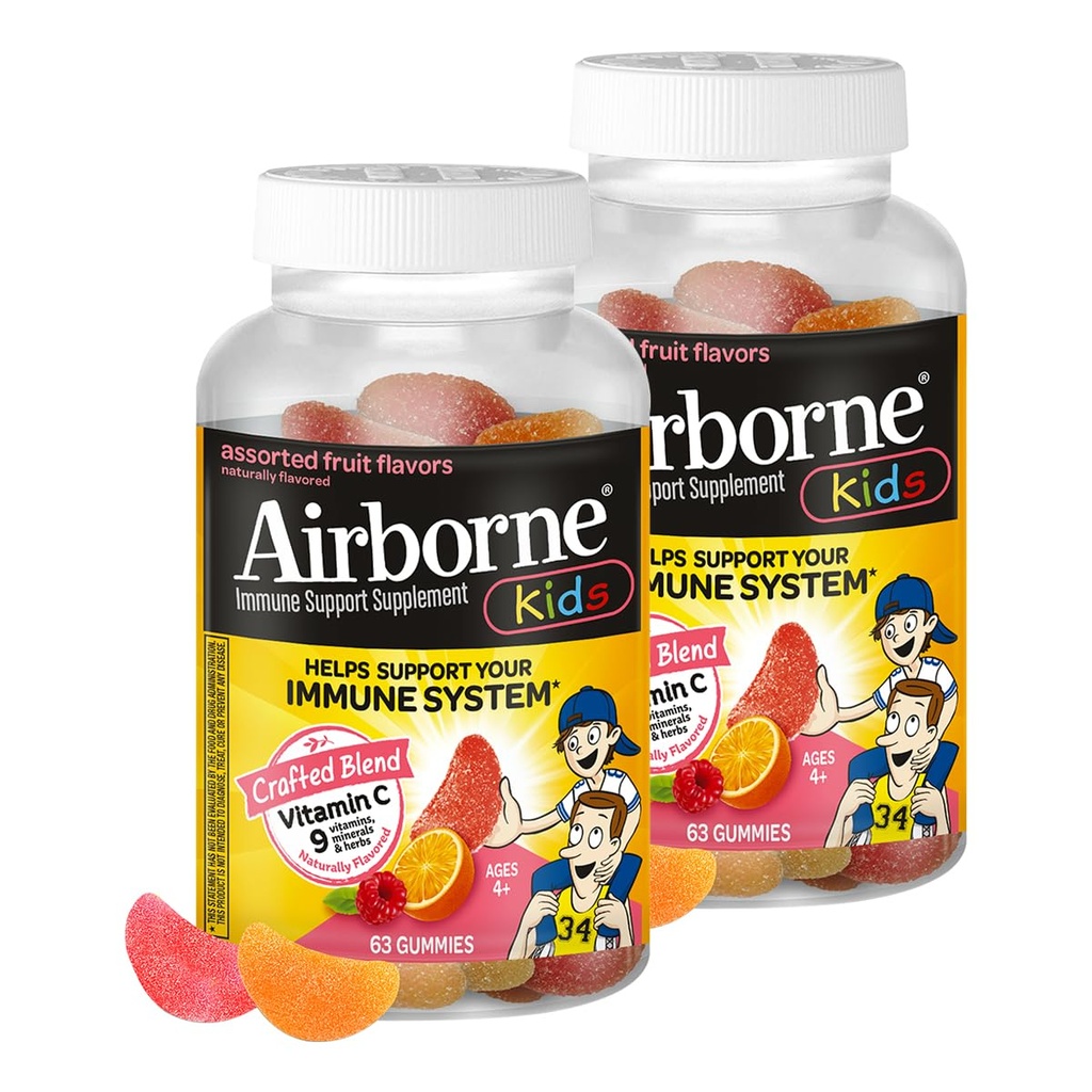 Airborne 500mg Vitamin C + Zinc Immune Support Supplement Gummies for Kids, Assorted Fruit Flavor, Gluten Free Crafted Blend with Powerful Antioxidants Vitamins C & E, 63 Gummies (2 Pack)