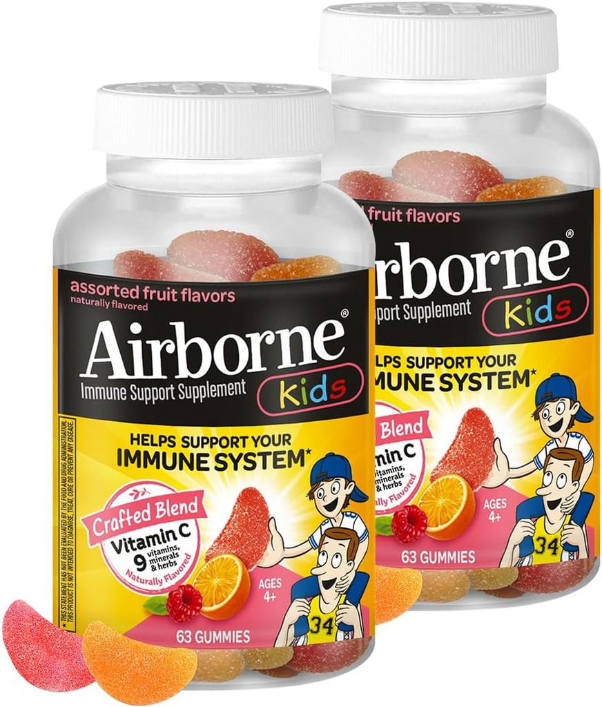 Airborne Kids 500mg C-vitamin Gummies, Kids immunforsvar Zink Gummies med kraftfulde antioxidanter VIT C & E - 63 Gummies, Assorted Fruit Flavor (pakke med 2)