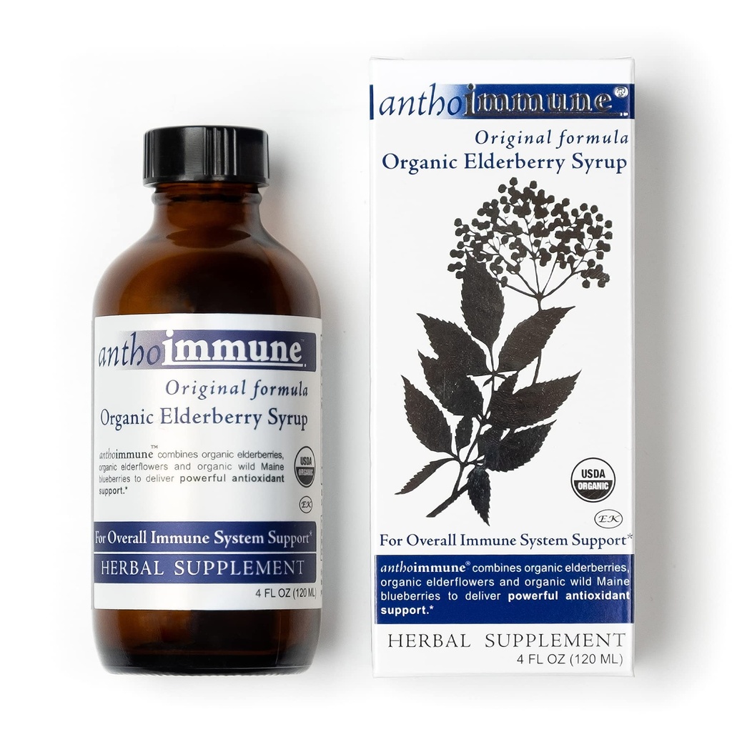 Organic Elderberry Syrup - Anthoimmune - immunforsvar supplement til voksne og børn - USDA Organic, Ultra- Premium Black Elderberry Formel (4 oz) 24 Servering