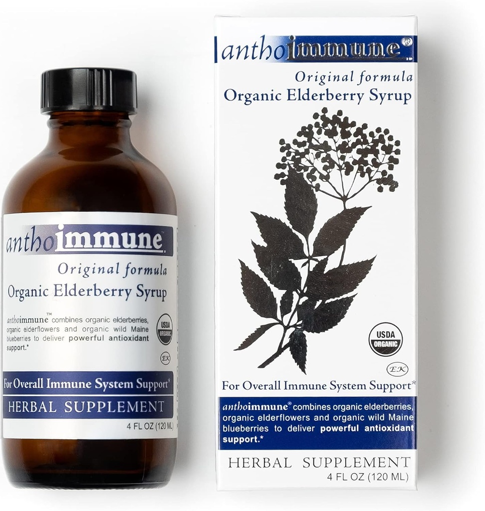 Organic Elderberry Syrup - Anthoimmune - immunforsvar supplement til voksne og børn - USDA Organic, Ultra- Premium Black Elderberry Formel (4 oz) 24 Servering