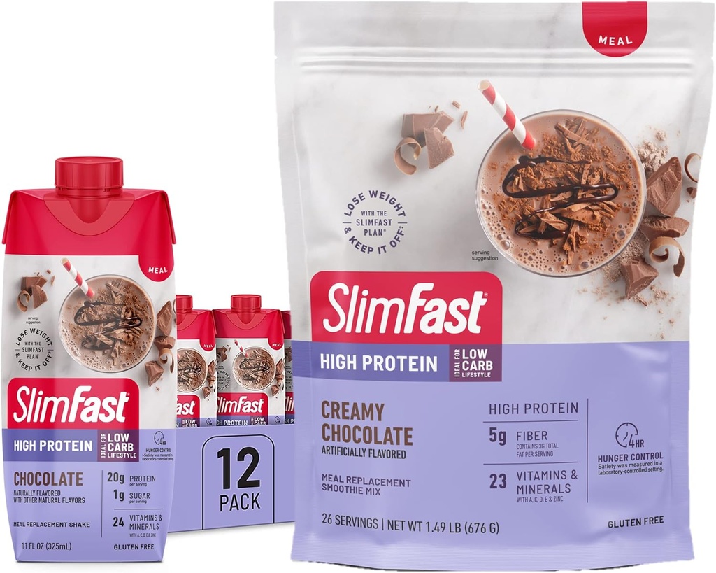 SlimFast High Protein Chokolade Bund- 12 Count of Chocolate High Protein Meal Erstatning Shakes (20g Protein) med 26 Serveringer af Chocolate High Protein Powder Mix (20g Protein)