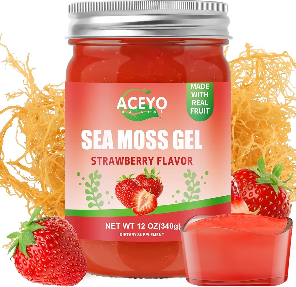 (12 OZ) Irish Sea Moss Gel Raw Vegan Strawberry Flavor 102 Vitamin og mineral Wild Harfted non-GMO immuno & fordøjelsesstøtte