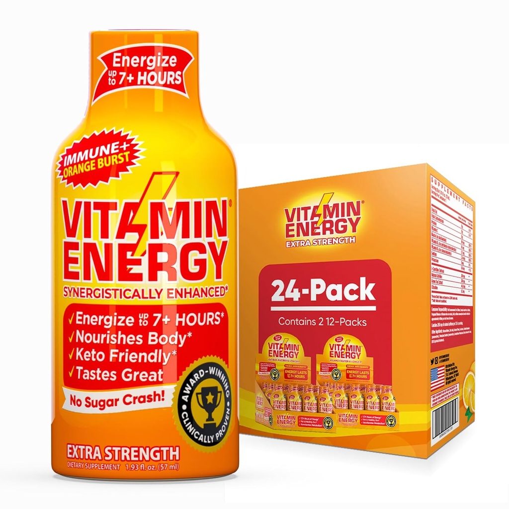 Vitamin Energi Immun + ekstra styrke Energi Shot Orange Burst 24 Pack, 260mg Natural Koffein, B-Vitamin, Citicolin, Green Tea, Immunitet & Focus Support, Zero Sugar, Gluten- Free 1,93 fl oz