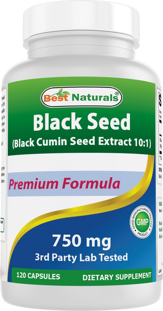 Bedste Naturals Black Seed (Black Cumin Seed Extract 10: 1) 750 mg Per Servering - 120 Kapsler
