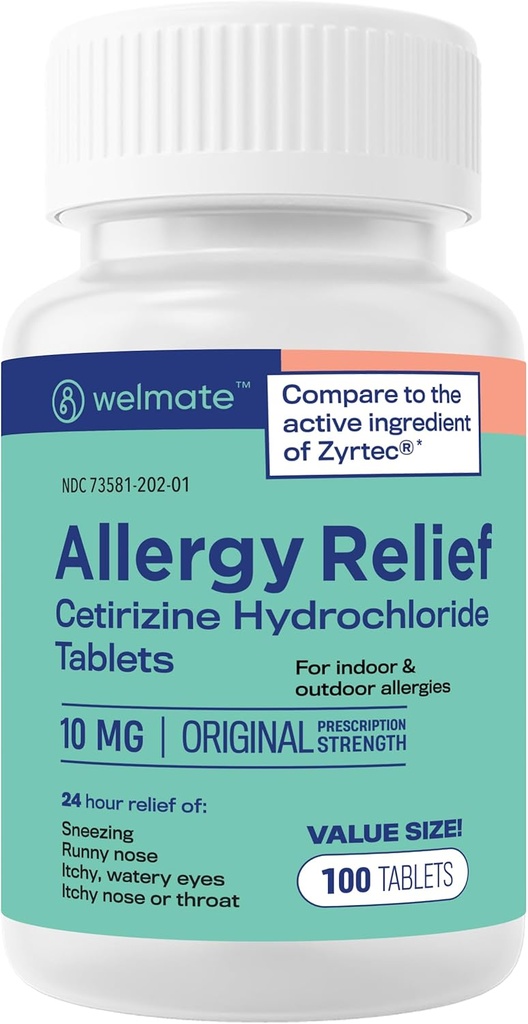 WELMATE - Allergi Relief - Cetirizin HCl 10 mg - 24 timer Antihistamin - Non Drowsy - Nysen - Runny Næse - Itchy Eyes & Throat - Indoor & Outdoor Allergy Relief Tablets - 100 tabletter