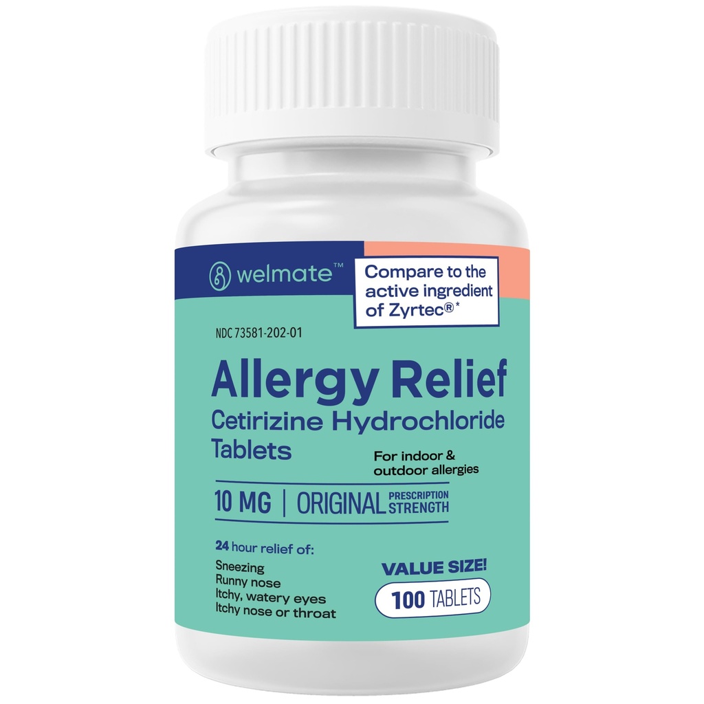 WELMATE - Allergi Relief - Cetirizin HCl 10 mg - 24 timer Antihistamin - Non Drowsy - Nysen - Runny Næse - Itchy Eyes & Throat - Indoor & Outdoor Allergy Relief Tablets - 100 tabletter