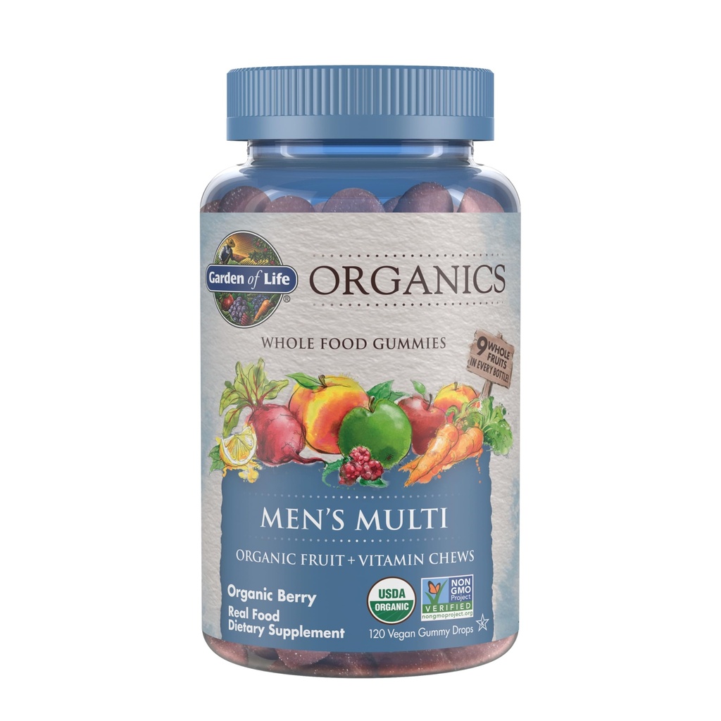Livets have Organiske Mænds Gummy Vitaminer - Berry - Certificeret Organisk, Non- GMO, Vegan, Kosher Complete Multi - Methyl B12, C & D3 - Gluten, Soy & Dairy Free, 120 Real Fruit Chew Gummies