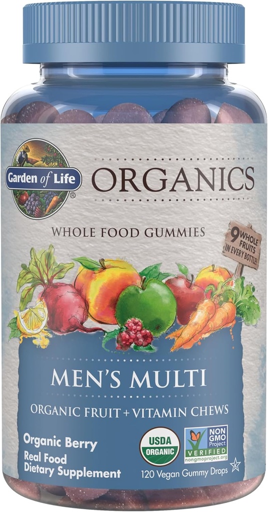 Livets have Organiske Mænds Gummy Vitaminer - Berry - Certificeret Organisk, Non- GMO, Vegan, Kosher Complete Multi - Methyl B12, C & D3 - Gluten, Soy & Dairy Free, 120 Real Fruit Chew Gummies