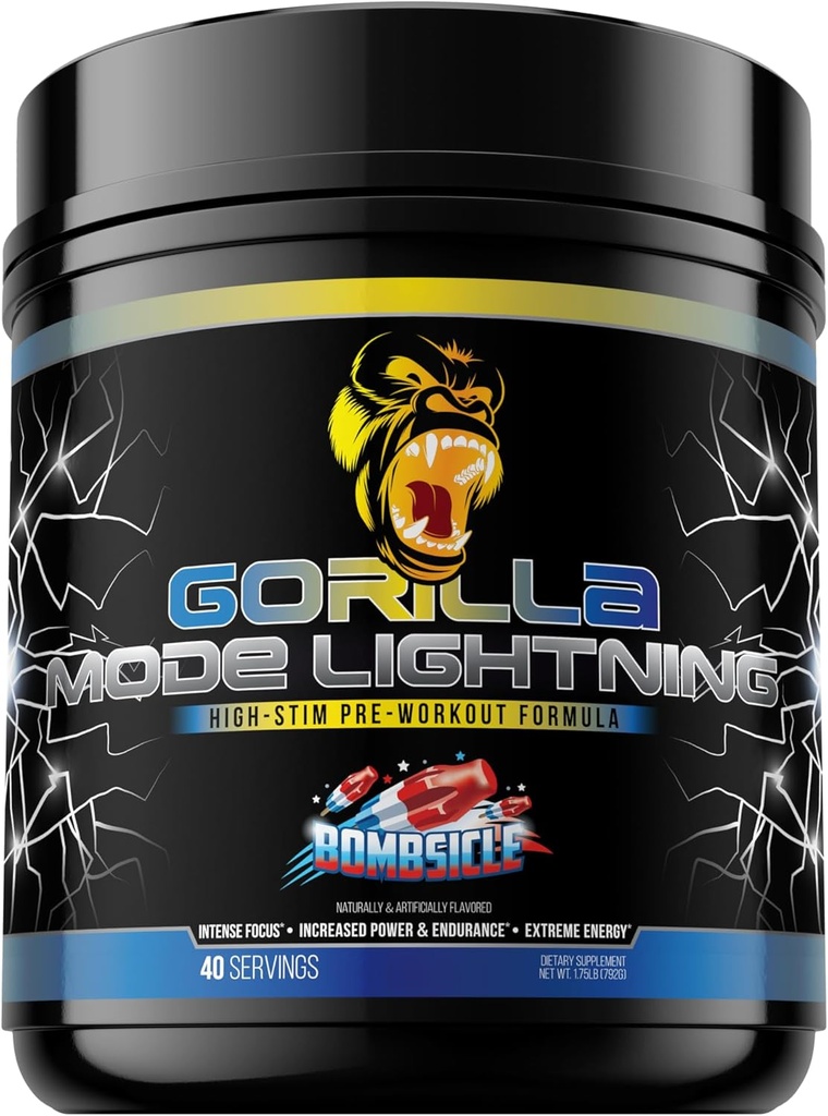 Gorilla Mode Lightning Pre- workout - Extreme Energy · Laser Focus · kraftfulde pumper · Peak Performance - 550mg Koffein, 13500mg L- Tyrosine, Alpha- GPC- 792g (Bombsicle)