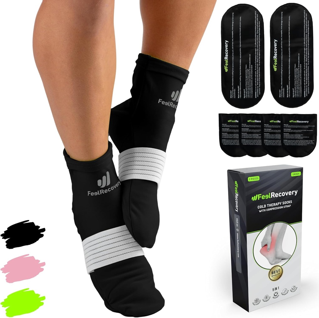 Ice Pack Socks for Feet Cooler - Genanvendelige Hot & Cold Therapy Socks w / Compression Straps - Cold Gel Pack for neuropati, Foot Pain, Plantar Fasciitis & Sprains (Sort, L / XL)