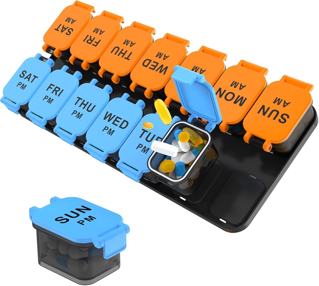 Stor 7 Dag Pill Organizer, XL AM to gange om dagen Medicine Storage Box, Big 2 Week Pill Holder til piller, Vitamin & Kosttilskud, Rejse Pill sag for Medicin (Blå + Orange)