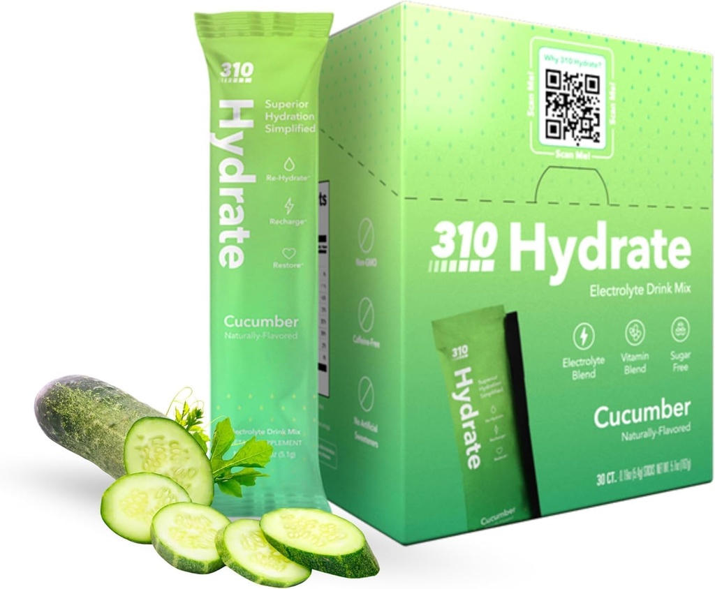 310 Nutrition Sugar Free Electrolytes Powder - Instant Hydration Packets for Daily Fluid Balance - Coffeine- Free Rehydration Drink Mix w / Vitamin, Lav kalorie & Keto Friendly - Cuckumber 30 Singler