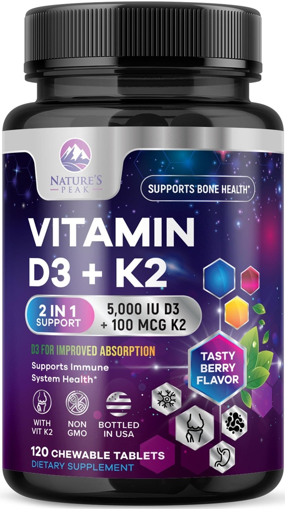 Vitamin D3 K2 - 5000 iu Vitamin D3 & 100 mcg Vitamin K2 (MK- 7) Kompleks til immunforsvar - Knogler, Tænder og Muskelsundhed - Berry Chewable, Gluten Free, Non- GMO, Flasket i USA - 120 tabletter
