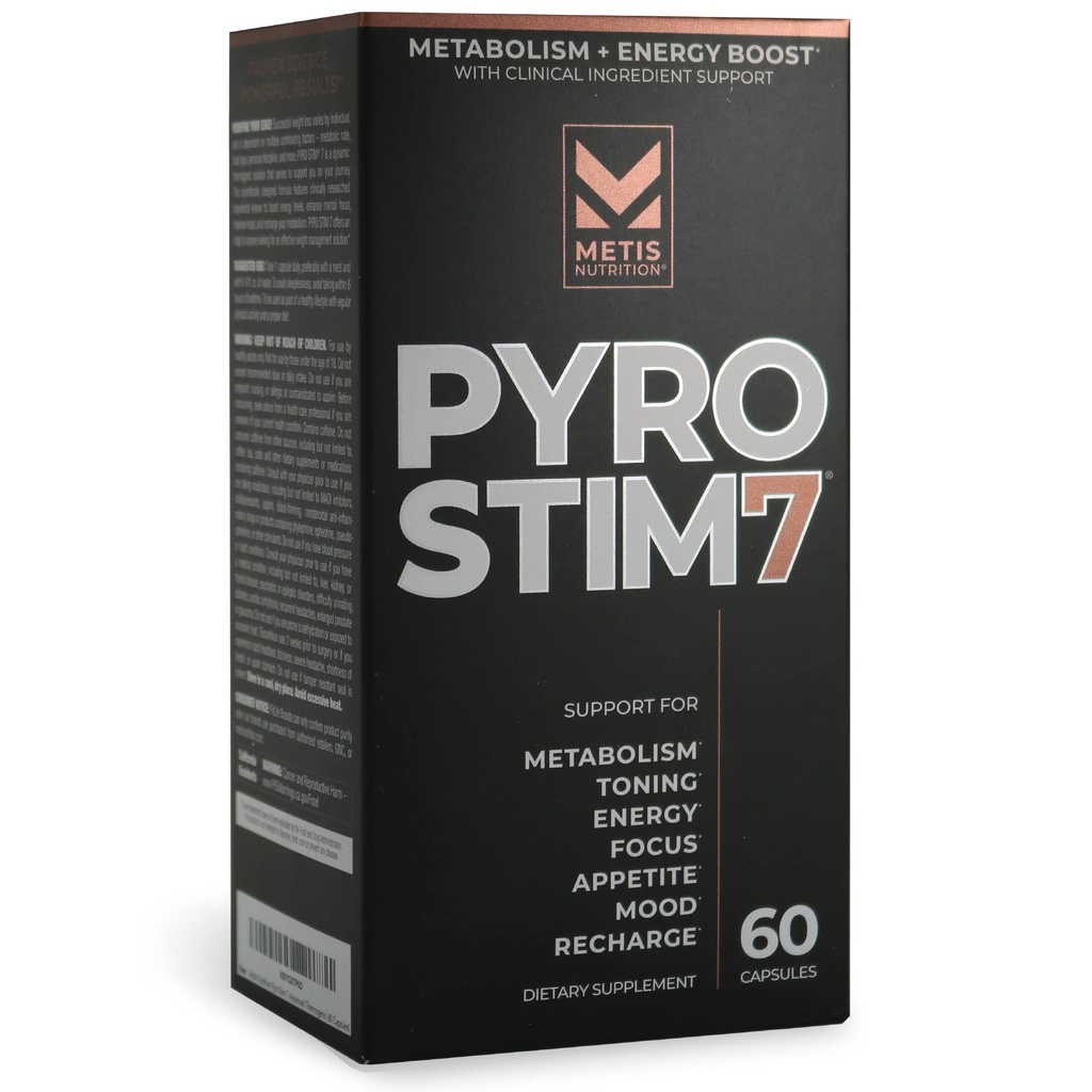 Pyro Stim 7 Metabolisme Booster Fat Loss Support Energy Boost - Once- A- Day Termogen med Teacrine for Focus, Appetite Control, Muscle Toning, og Mood Control (60 kapsler)