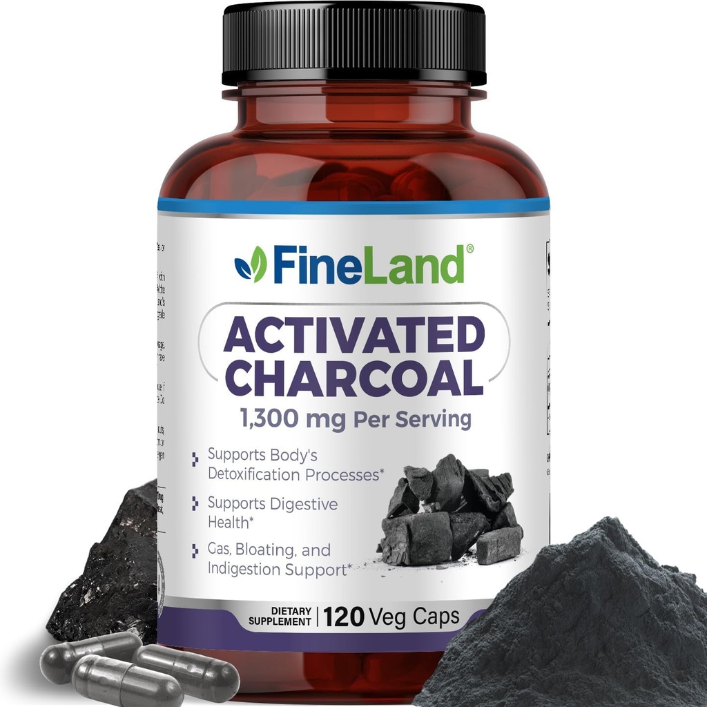 FineLand Aktiveret Charcoal 1300mg - Avanceret fordøjelsesbesvær Rengøring, Hjælper med gas og bloating, Cirkulation & Cholesterol Support - Made in USA, 120 Vegan piller