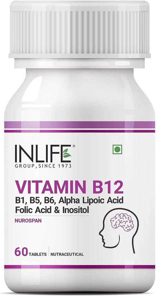 Vitamin B12 med B1, B5, B6, Alpha Lipoic Acid ALA, Folsyre, Inositol Kosttilskud - 60