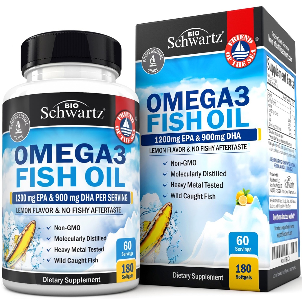 Triple Strength Omega 3 Fish Oil Supplement - 2250mg EPA DHA Omega 3 Fedtsyrer fra Fresh Wild Caught Fish, Burpless Lemon Flavor Formel understøtter øje sundhed og meget mere, Gluten Free, 180 Softgels