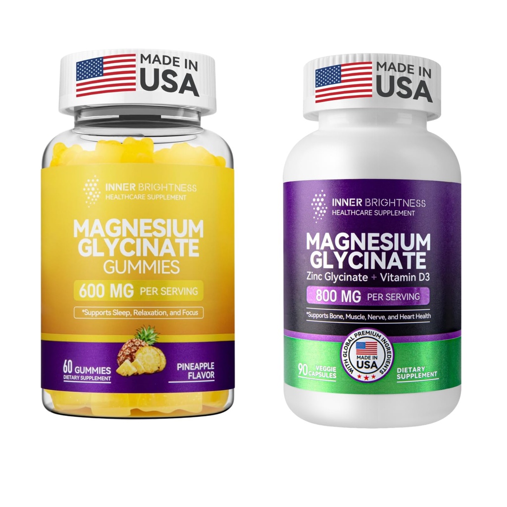 Magnesium Glycinat Glycinate Gummies for voksne, søvn, afslapning & fokus, Ananas Flavor & Kapsler med zink & vitamin D3 til dvalestøtte