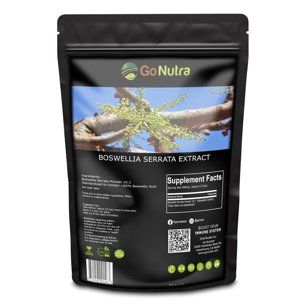 Go Nutra Boswellia Serrata Extract Powder 10: 1 Styrke 65% Boswellic Acid Frankincense Supplement Joint Support - 8 oz.