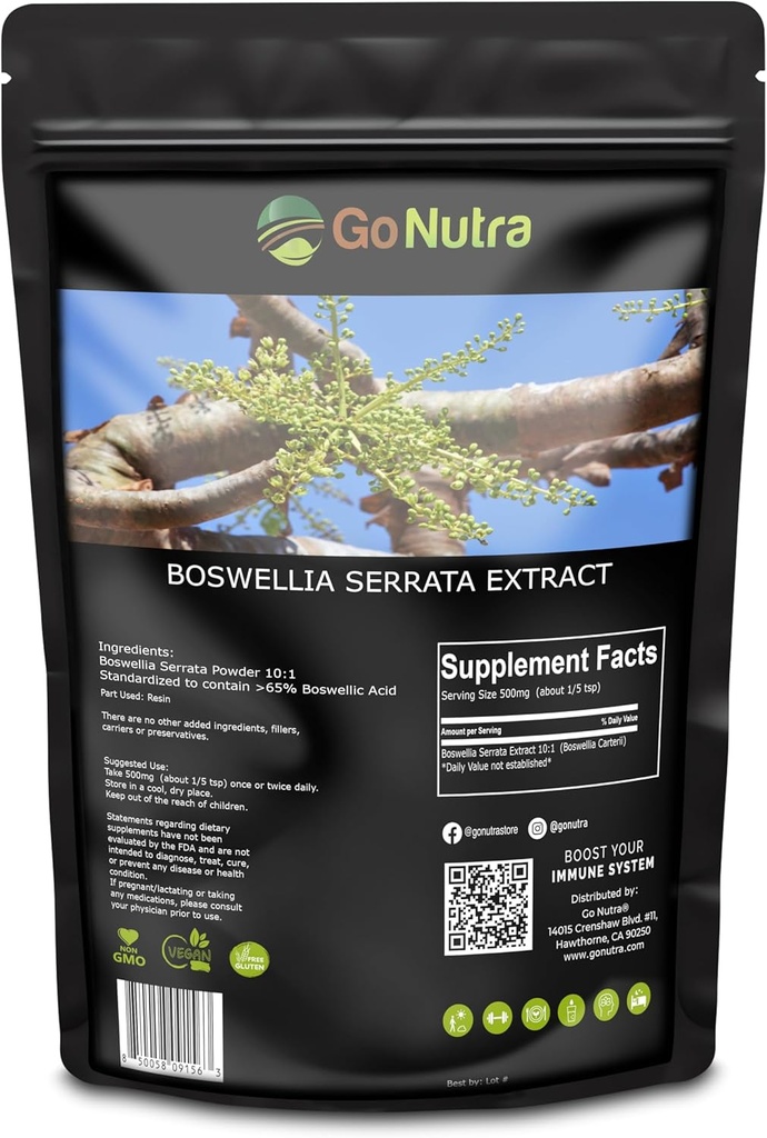 Go Nutra Boswellia Serrata Extract Powder 10: 1 Styrke 65% Boswellic Acid Frankincense Supplement Joint Support - 8 oz.