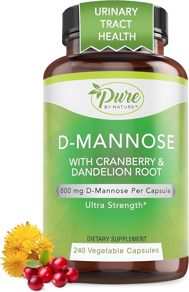 Pure By Nature 600mg D- Mannose Vegan Kapsler med Cranberry & Dandeelion Extract, Urinary Tract Health Support, Flush Renhed, Detox Body, 240 Tæl