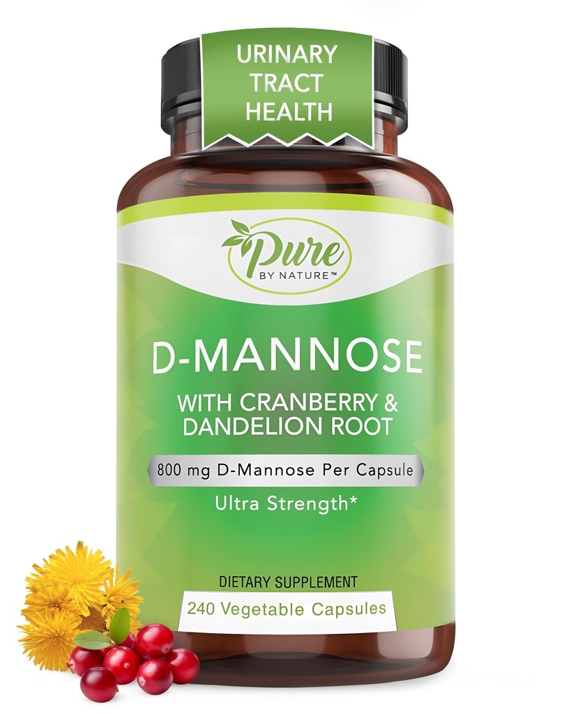 Pure By Nature 600mg D- Mannose Vegan Kapsler med Cranberry & Dandeelion Extract, Urinary Tract Health Support, Flush Renhed, Detox Body, 240 Tæl