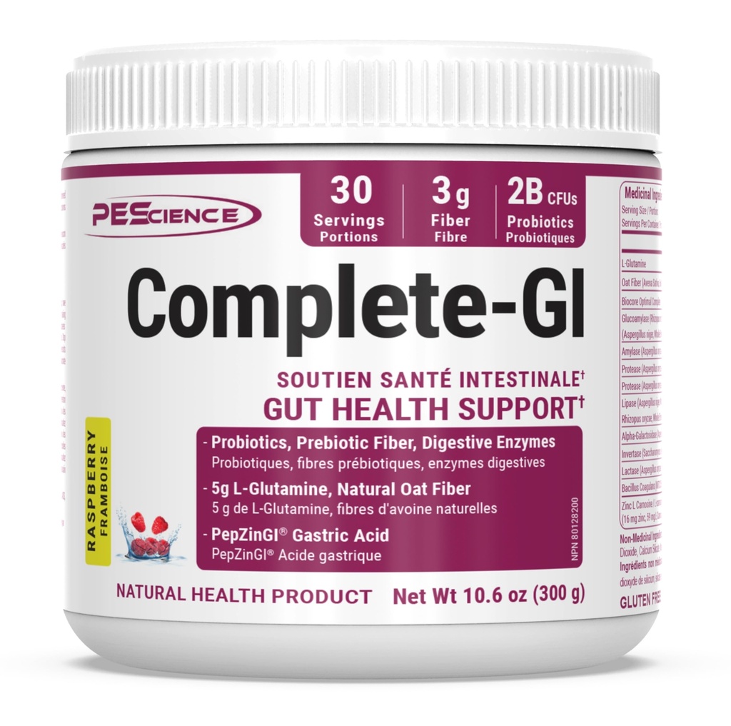 PEScience Complete- GI Gut Health Powder, Probiotika for kvinder og mænd, fordøjelige enzymer, Prebiotic Fiber, L Glutamin, Pepzin GI Zink Carnosine, Raspberry Flavor, 30 Servere