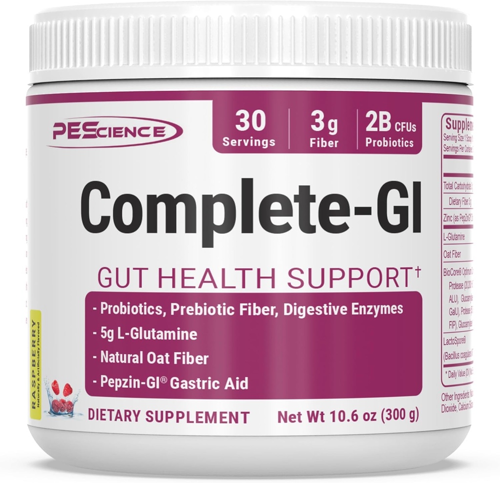 PEScience Complete-GI Gut Health Powder, Probiotics for Women and Men, Digestive Enzymes, Prebiotic Fiber, L Glutamine, Pepzin GI Zinc Carnosine, Raspberry Flavor, 30 Servings