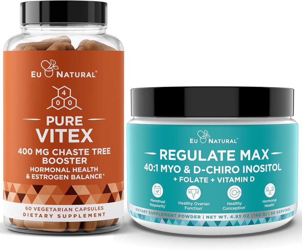 Vitex Chasteberry Capsules & Regulate Max Myo-Inositol D-Chiro Inositol Powder - Natural PMS & Fertilitet Support, Balance Hormon, Regulere cyklus - 60 Vegansk Soft Capules + 60 Servering Inositol Powder