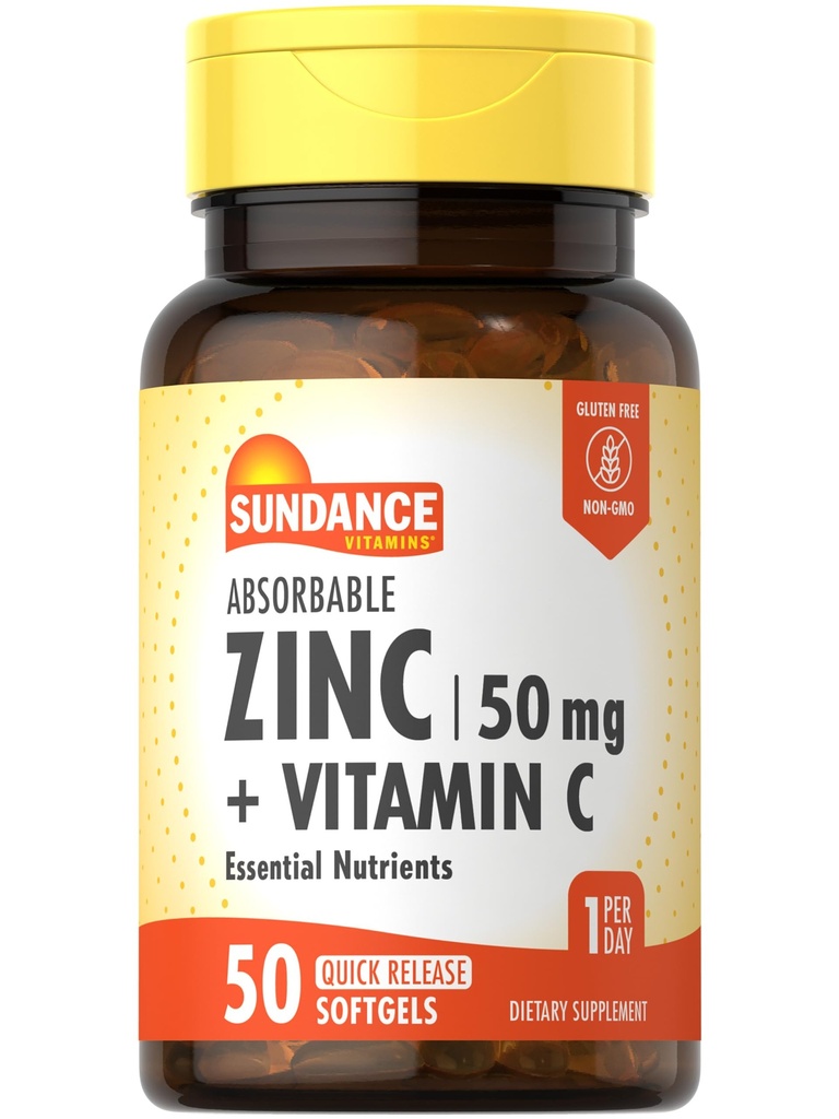 Sundance Absorbable Zinc with Vitamin C | 50mg | 50 Softgels | Essential Nutrients | Non-GMO and Gluten Free Supplement
