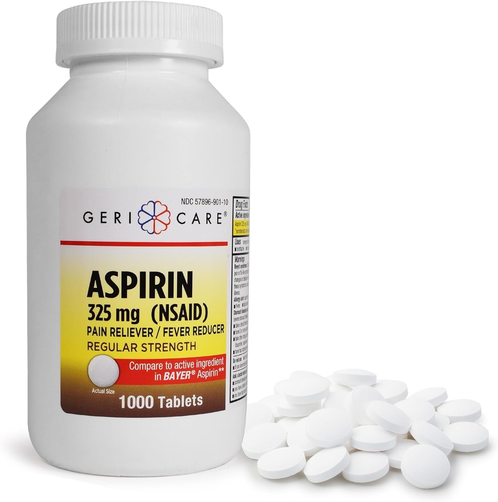 GeriCare Aspirin Tablets 325mg - Smerte Reliever og Feber Reducer Ikke overtrukne Aspiriner til voksne & Børn 12 + (NSAID) Great for hovedpine, Tandpine, Gigt, menstruation og muskelsmerter (Flaske på 1000)