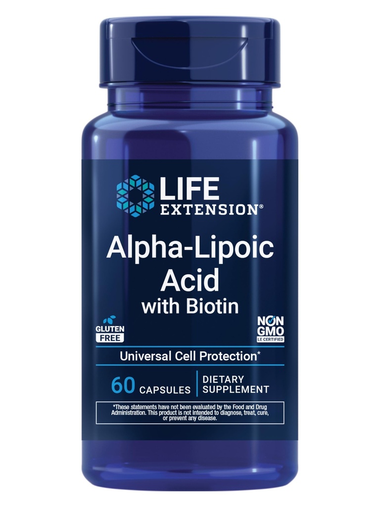 Life Extension Alpha- Lipoic Acid med biotin, for Cell Protection, Universal antioxidant for lever & nerve sundhed, Gluten- Free, Non- GMO, 60 kapsler