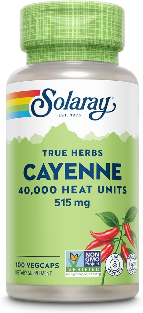 SOLARAY Cayenne Pepper Kapsler med Capsaicin - Capsaicin Kosttilskud til kraftfuld Wellness Support - 40.000 Varmeenheder per VegCap - Vegan, Non- GMO, Gluten- Free, 60- Day Garanti, 100 Servere