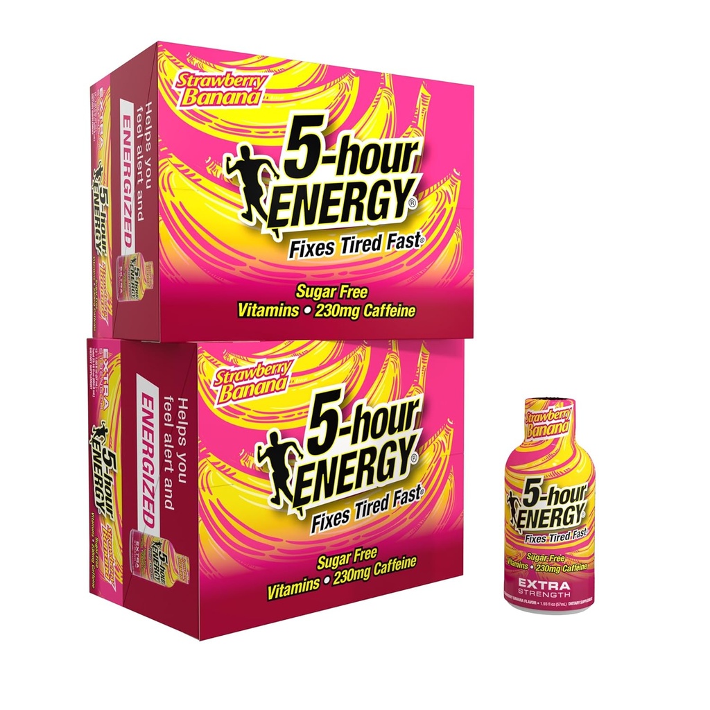 5-timers ENERGY Extra Strength Energy Shot, Strawberry Banana Flavor (1,93 oz., 24 Greve) Sugar- Free & Zero Calories, B- Vitamin & Aminosyrer, 230mg Coffeined Energy Shot, Kosttilskud