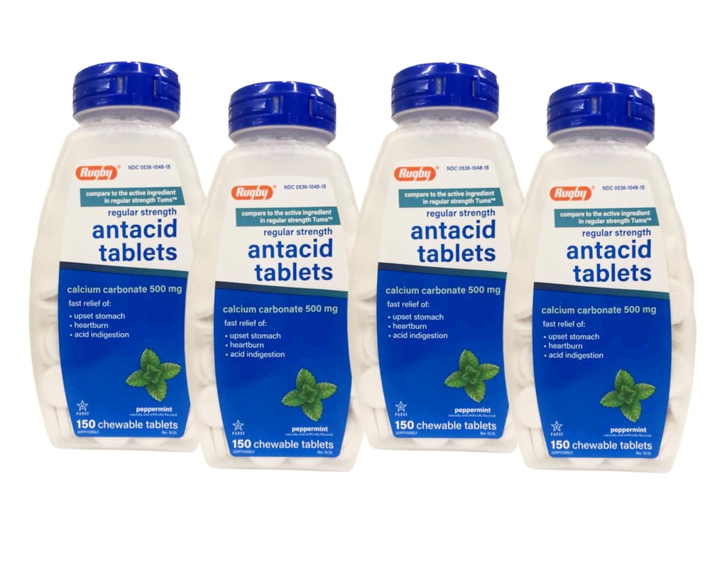 Rugby Calcium Carbonat 500 mg Antacida Tablets Pebermynte, Regelmæssig Strengh, 150 Chewable Tablets - 4 Pack