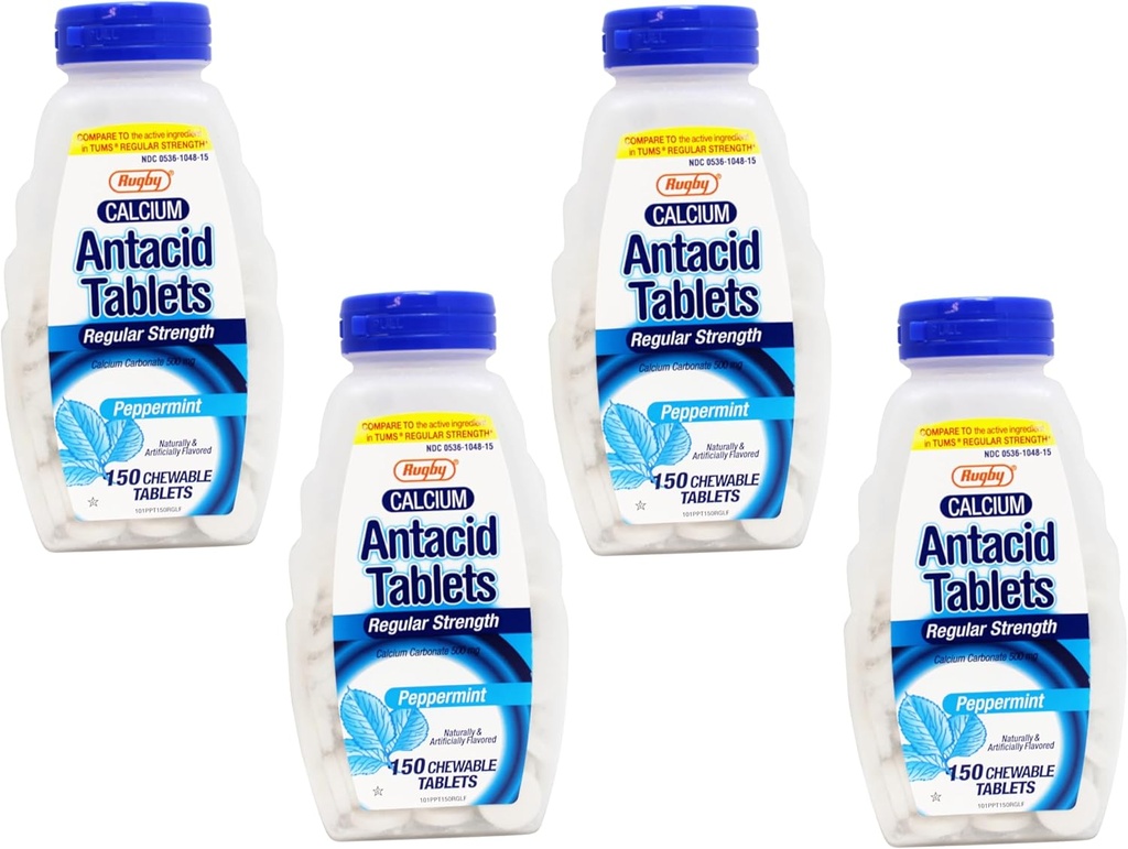 Rugby Calcium Carbonate 500mg Antacid Tablets Peppermint, Regular Strengh, 150 Chewable Tablets - 4 Pack