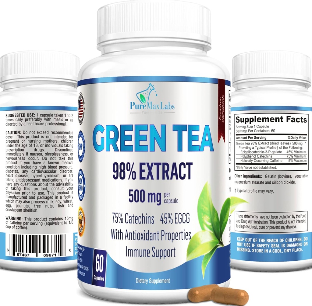 Green Tea Extract 98% - 3X Styrke, 75% Polyphenol Catechiner, 45% EGCG, Super Antioxidant - 60 kapsler