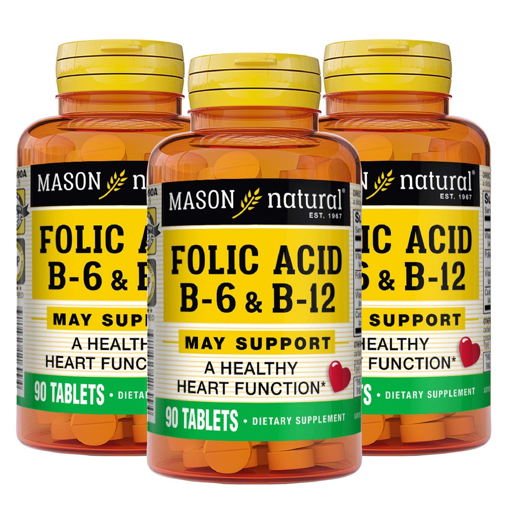 MASON NATURAL Heart Formel B6 / B12 / folinsyre tabletter, Kosttilskud understøtter kardiovaskulær sundhed, dannelse af røde blodlegemer, metabolisk funktion, 90 greve (pakke med 3)