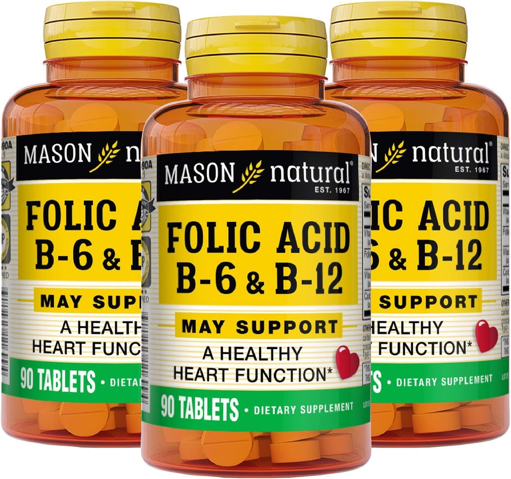MASON NATURAL Heart Formel B6 / B12 / folinsyre tabletter, Kosttilskud understøtter kardiovaskulær sundhed, dannelse af røde blodlegemer, metabolisk funktion, 90 greve (pakke med 3)