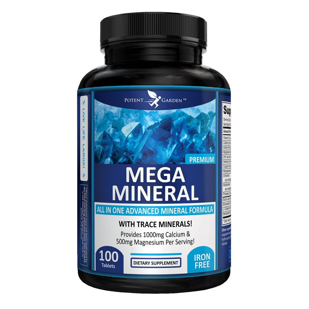 Potent Garden Mega Mineral supplement Komplet Mineral kompleks med Calcium Magnesium Zink Kalium Boron Selenium Chrom & 72 Trace Minerals Iron Free Calcium supplement -100 piller