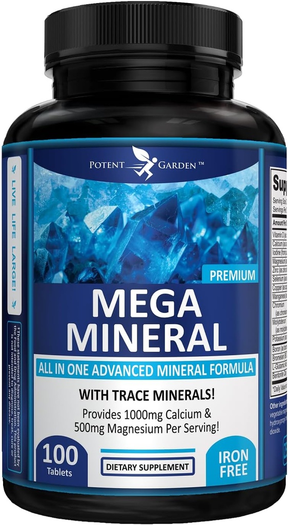 Potent Garden Mega Mineral supplement Komplet Mineral kompleks med Calcium Magnesium Zink Kalium Boron Selenium Chrom & 72 Trace Minerals Iron Free Calcium supplement -100 piller