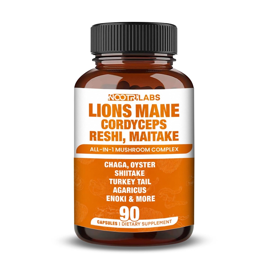 Mushroom Complex 12000mg kapsler - Lions Mane, Cordyceps, Reshi, Maitake - Nootropics Brain, øger hukommelse, energi, kognitiv funktion & forbedrer fokus, immunsystem, antioxidant - 90 Veganske kapsler