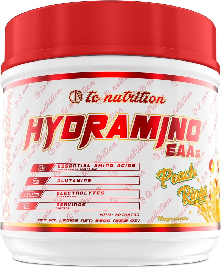 Hydramino EAA + BCAA Powder - 40 Servings - Essential Amino Acids Supplement & Electrolyte Powder for Recovery, Strength, & Hydration, 7g BCAAs, 8g EAAs, 600mg Electrolytes (Vegan, Peach Rings)