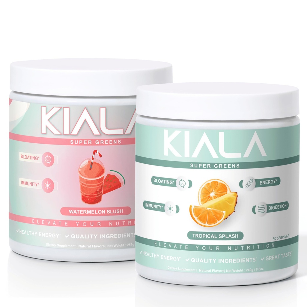 Kiala Nutrition Super Greens, Organic Greens Powder, Spirulina & Chlorella Superfood Powder, Sugar & Gluten Free Vegan, Spectra Blend, Watermelon & Tropical Slush 2 Pack