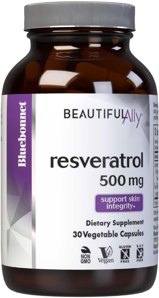 Bluebonnet Nutrition Smuk Ally Resveratrol 500mg, Beskyt hud integritet *, Non- GMO, Vegan, Gluten- fri, Soy- fri, Dairy- fri, 30 Vegetabilske kapsler, 30 Servering