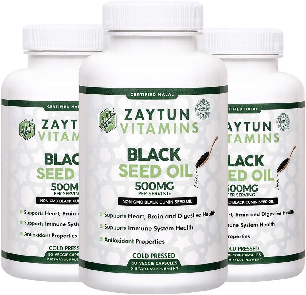 Halal Black Seed Oil (3- Pack) Cold- Pressed Nigella Sativa, Understøtter Heart, Brain, Joints, Immunsundhed, Non- GMO, Lavet i USA - Halal Vitaminer