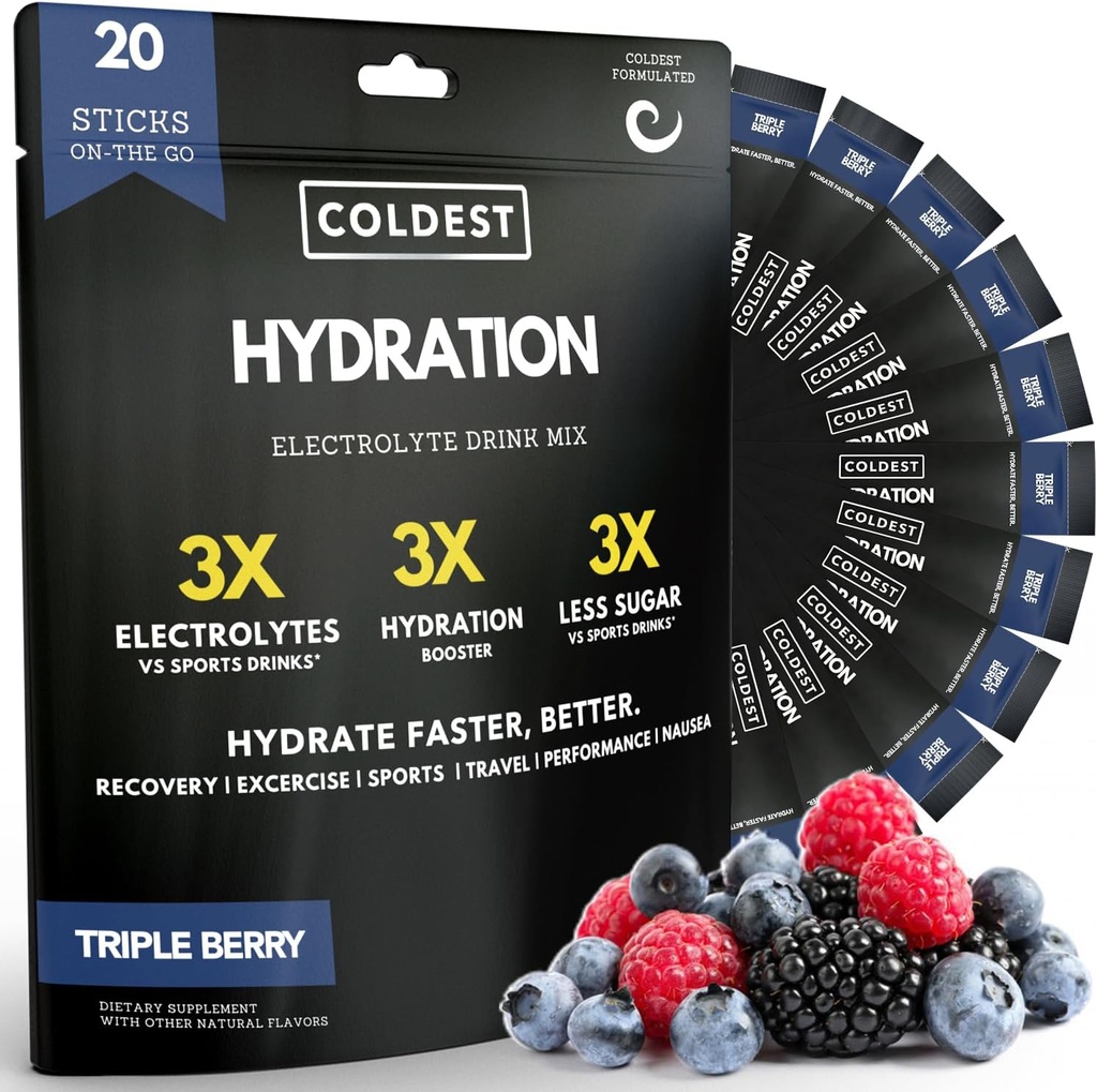 Coldest Hydration - Electrolytes Powder Packets - Non GMO & No Artificial Sugar - Electrolyte Drink Mix - Easy Open Single-Serving Stick Drop in Water - 20 Sticks per Pack (Triple Berry)