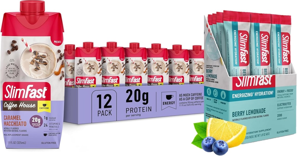SlimFast Bundle: Intermitterende Fastende Elektrolyter, Energy Powder Drink Mix, Koffein fra Natural Sources- Berry Lemonade (12 Greve) + High Protein Meal Erstatning Shake, Caramel Macchiato, 12 Pack