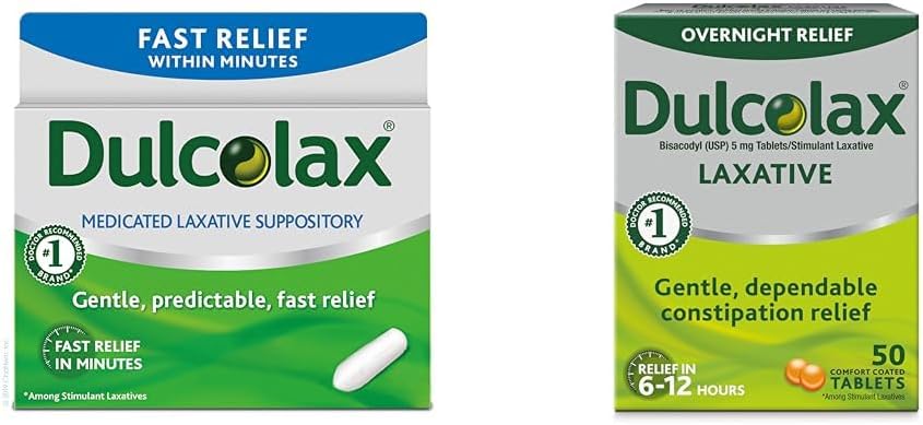 Dulcolax Fast Relief Medicin Laxative Suppositorier Fast Relief, Rektal Anvendelse Kun, Bisacodyl, 10 mg & Overnatning Relief Laxative for Gentle Constipation Relief, Bisacodyl 5 mg tabletter, 50 Tæl