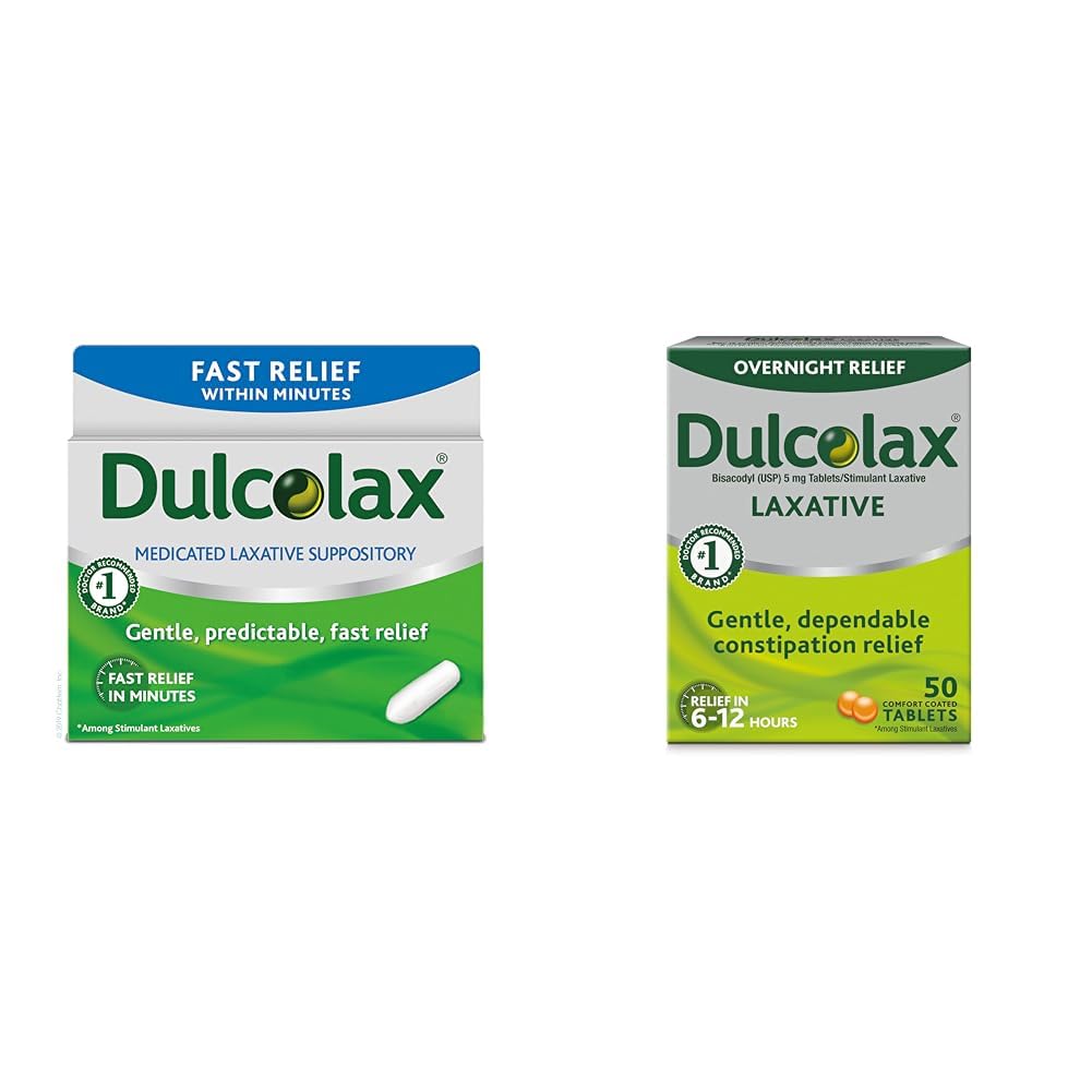 Dulcolax Fast Relief Medicin Laxative Suppositorier Fast Relief, Rektal Anvendelse Kun, Bisacodyl, 10 mg & Overnatning Relief Laxative for Gentle Constipation Relief, Bisacodyl 5 mg tabletter, 50 Tæl